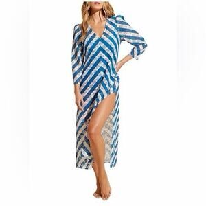 STYLEST AQUALACE Chevron Stripe Lace Puff Sleeve Caftan Swim Coverup M NWT